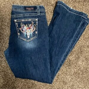 Grace Women's Dark Blue Embroidered Boot Cut Jeans